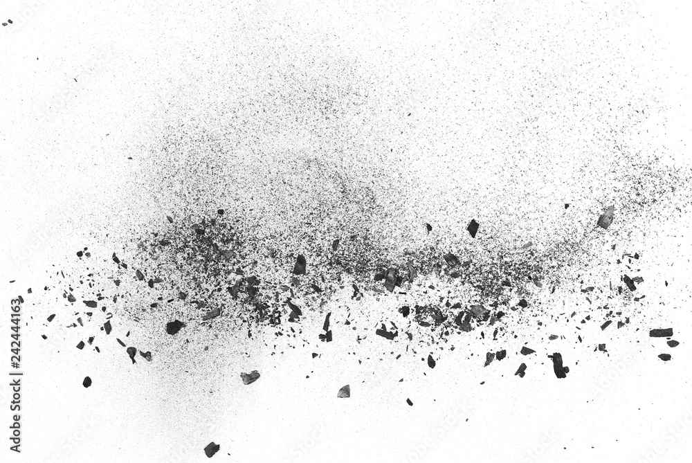 Black charcoal dust, gunpowder explosion texture isolated on white background, top view