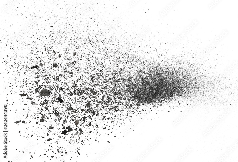 Black charcoal dust, gunpowder explosion texture isolated on white background, top view Black charcoal dust, gunpowder explosion texture isolated on white background, top view