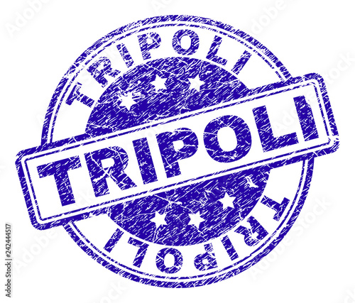 TRIPOLI stamp seal imprint with grunge texture. Designed with rounded rectangles and circles. Blue vector rubber print of TRIPOLI tag with unclean texture.