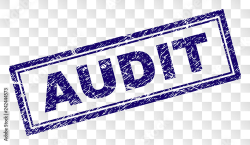 AUDIT stamp seal imprint with rubber print style and double framed rectangle shape. Stamp is placed on a transparent background. Blue vector rubber print of AUDIT tag with unclean texture.