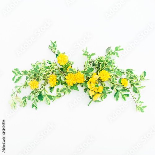 Floral composition of yellow flowers on white background. Flat lay  top view.