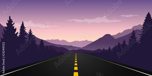 straight paved road with forest and mountain landscape at dawn vector illustration EPS10