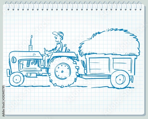 Farmer driving  tractor with a trailer of hay