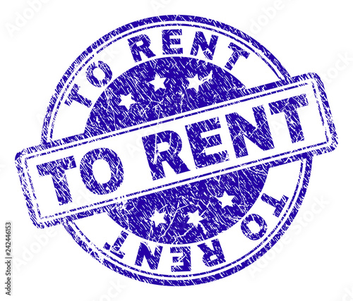 TO RENT stamp seal watermark with grunge texture. Designed with rounded rectangles and circles. Blue vector rubber print of TO RENT text with grunge texture.