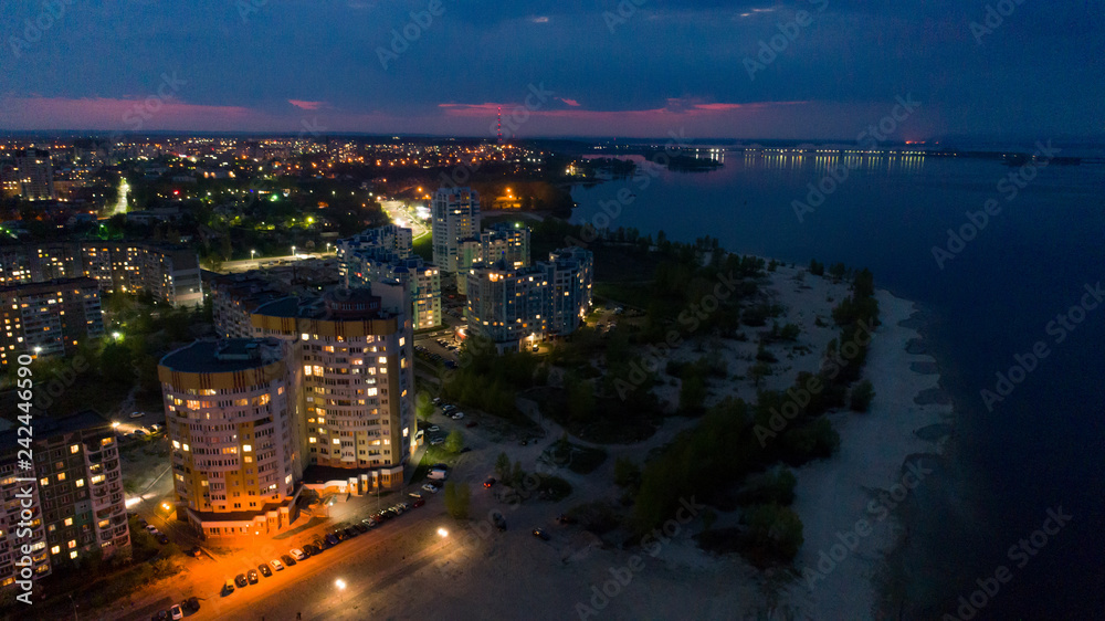 night city with river aural pano photo shot from drone 