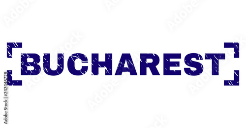 BUCHAREST label seal print with grunge texture. Text label is placed between corners. Blue vector rubber print of BUCHAREST with unclean texture.