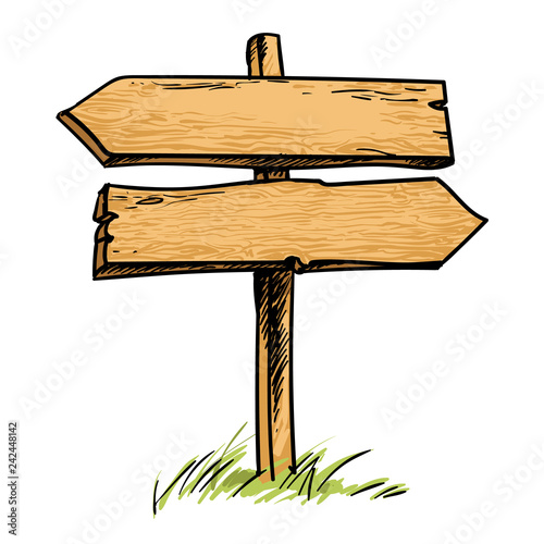 Old wooden double direction sign. Sketch style hand drawn vector illustration isolated on white.