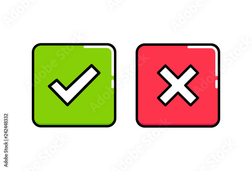 Do and Don't square box vector icons. Modern flat illustration. Check tick and reject icons in green and red square. Outline icons for your project.