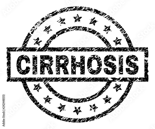 CIRRHOSIS stamp seal watermark with distress style. Designed with rectangle, circles and stars. Black vector rubber print of CIRRHOSIS text with scratched texture.