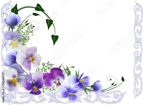 corner with blue and lilac blooms on white