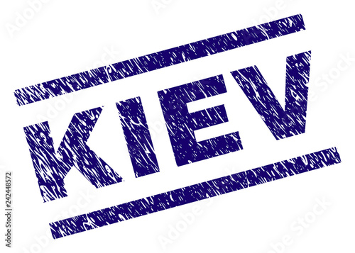 KIEV seal print with scratced style. Blue vector rubber print of KIEV text with corroded texture. Text label is placed between parallel lines.