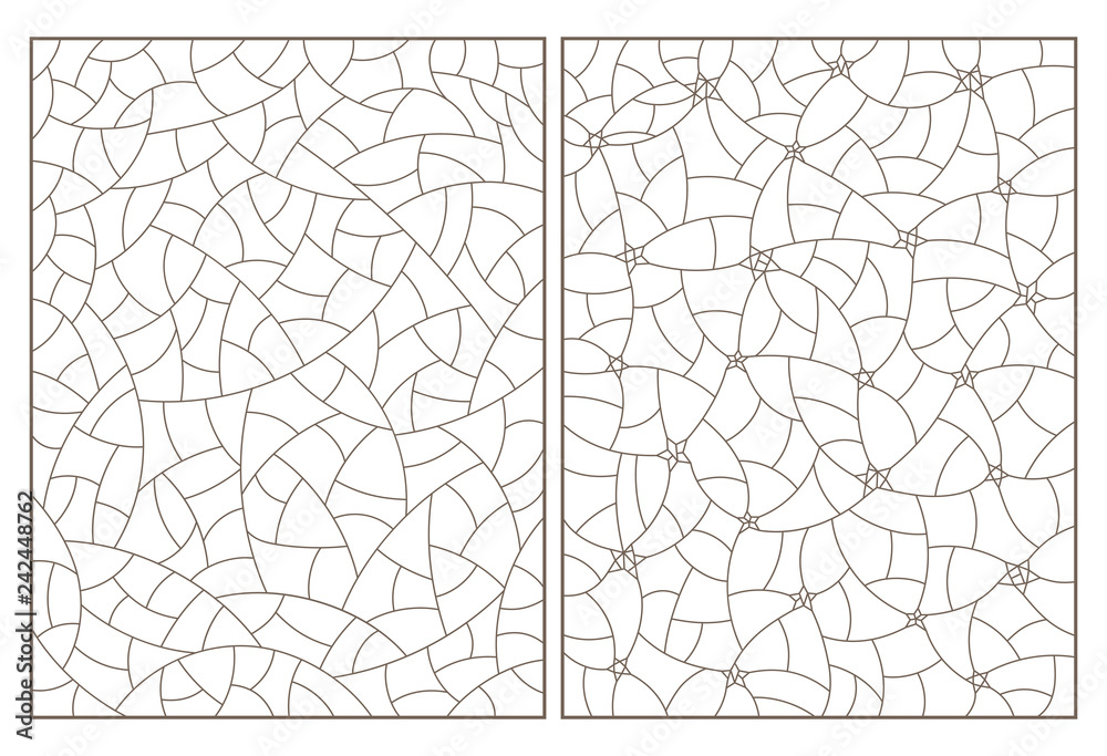 Set of contour illustrations of stained glass with abstract background images, dark contours on white background
