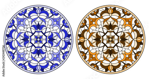 Set of illustrations in stained glass style with round floral arrangements, blue and brown tone