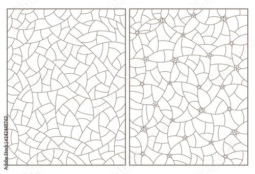 Set of contour illustrations of stained glass with abstract background images, dark contours on white background