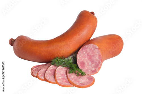 Fresh sausage with a branch of dill on white background