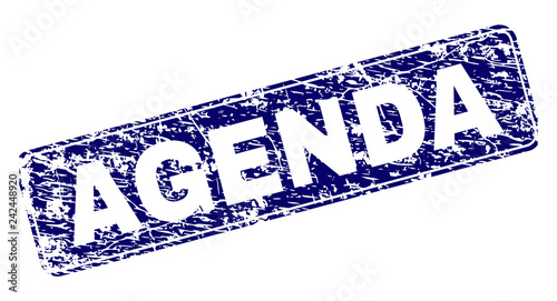 AGENDA stamp seal print with grunge texture. Seal shape is a rounded rectangle with frame. Blue vector rubber print of AGENDA label with unclean texture.