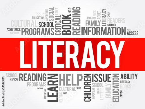 Literacy word cloud collage, education concept background