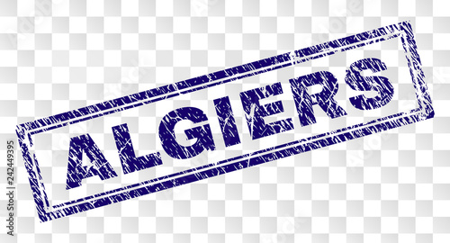 ALGIERS stamp seal print with scratched style and double framed rectangle shape. Stamp is placed on a transparent background. Blue vector rubber print of ALGIERS label with unclean texture.