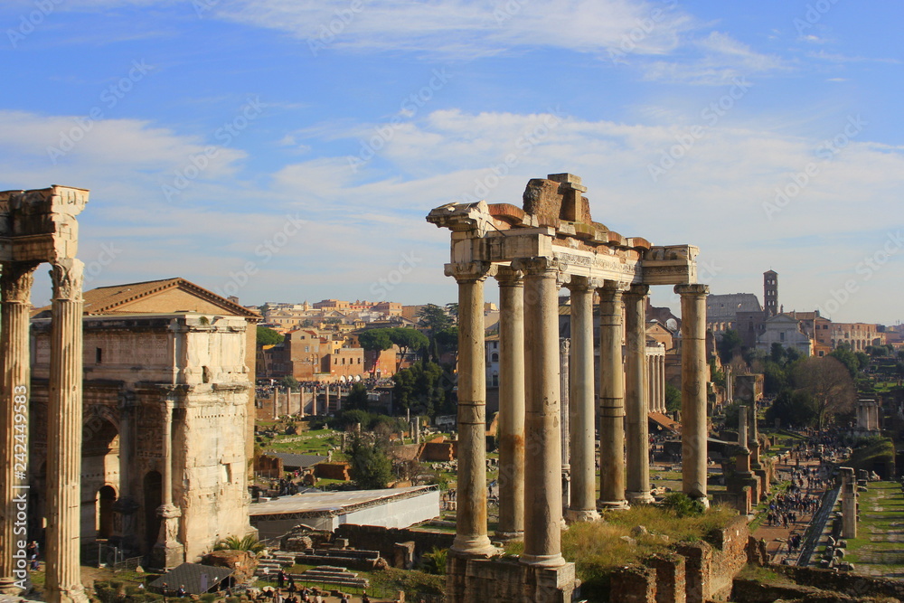 Ruins of Roman Forum. Temple of Saturn, Temple of Vespasian and Titus, Arch of Septimius Severus and others in Rome. Italy