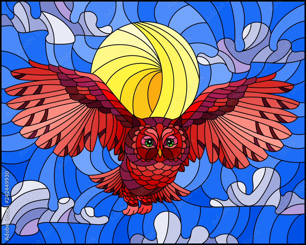 Fototapeta premium Ilustracja w stylu witrażu z abstrakcyjną czerwoną dziką sową latającą na tle nieba i słońca