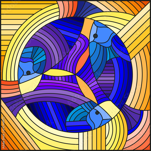 Illustration in stained glass style with abstract geometric blue fishes on orange background