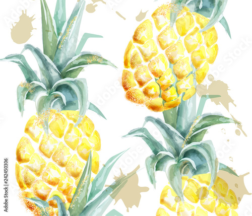 Pineapple pattern Vector watercolor. Tropic fruits with glitter on white back...