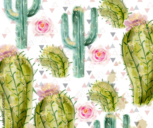 Cactus pattern Vector watercolor. Summer exotic texture. Tropic collection pa...