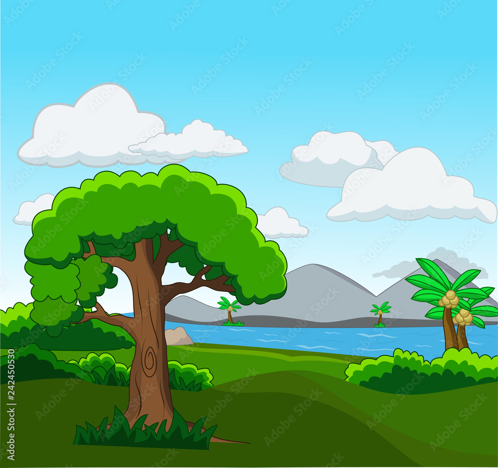 Nature illustration with green forest, calm lake and mountains Nature illustration with green forest, calm lake and mountains