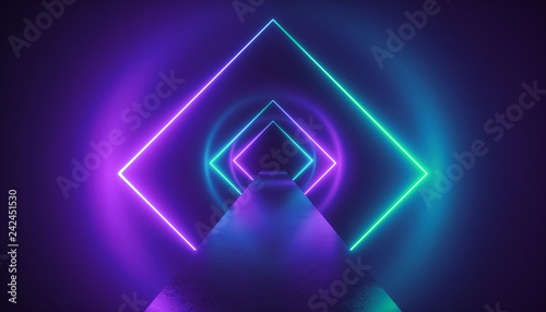 Fototapeta Naklejka Na Ścianę i Meble -  3d render, virtual reality environment, neon light, square esoteric portal, tunnel, corridor, ultraviolet abstract background, laser show, fashion catwalk podium, path, way, stage, floor reflection