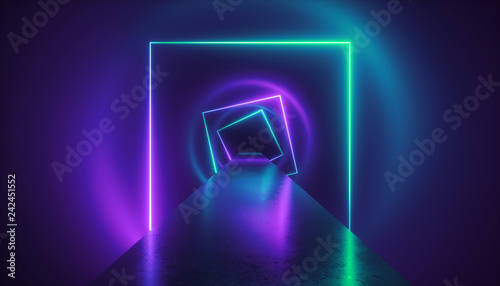 3d render, virtual reality environment, neon light, square portal, tunnel, ultraviolet spectrum, abstract background, laser show, fashion catwalk podium, path, way, stage, floor reflection