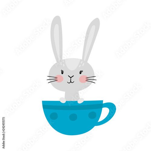 Cute rabbit character in cup for easter isolated on white.