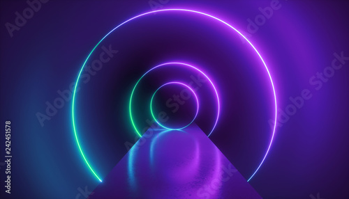 3d render, virtual reality environment, neon light, round portal, rings, circles, tunnel, ultraviolet spectrum, abstract background, laser show, fashion catwalk podium, way, stage, floor reflection