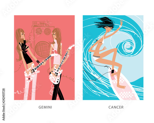 Surfing woman and two teen girls playing the guitar as gemini and cancer horoscope signs.