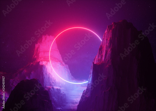 Fototapeta Naklejka Na Ścianę i Meble -  3d render, abstract background, cosmic landscape, round portal, pink blue neon light, virtual reality, energy source, glowing round frame, dark space, ultraviolet spectrum, laser ring, rocks, ground
