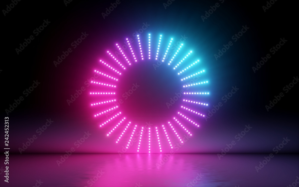 3d render, abstract background, round screen, ring, glowing dots, neon light, virtual reality, volume equalizer interface, hud, pink blue spectrum, vibrant colors, laser disc, floor reflection - obrazy, fototapety, plakaty 