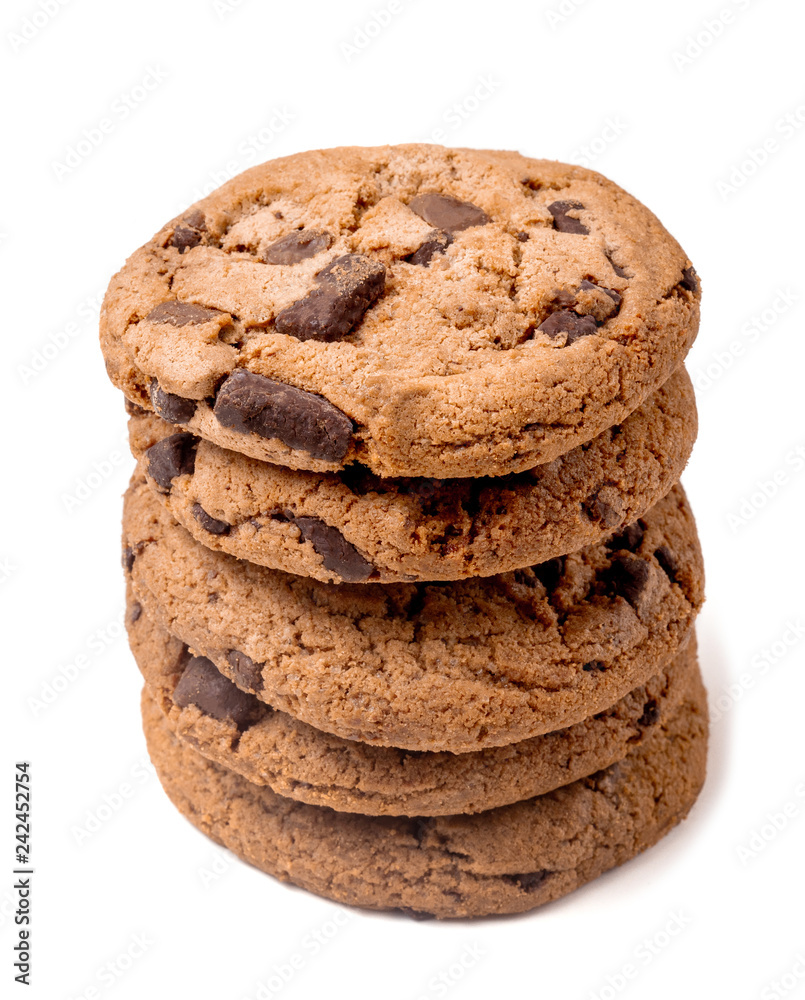 Stack of delisious  cookies with chocolate pieces isolated on white background. Macro image
