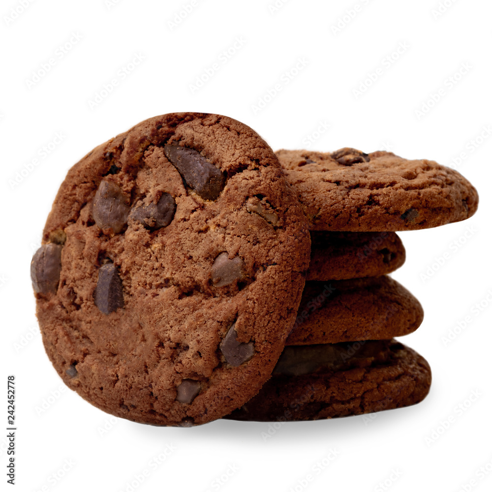 Stack of Dark Chocolate chip cookies with chocolate pieces isolated on white background. Macro image Stack of Dark Chocolate chip cookies with chocolate pieces isolated on white background. Macro image
