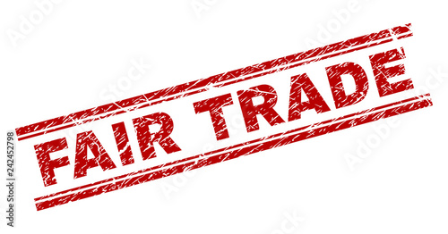 FAIR TRADE seal print with grunge texture. Red vector rubber print of FAIR TRADE text with unclean texture. Text tag is placed between double parallel lines.