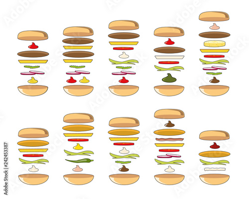 Burger floating scheme fresh tasty grilled beef cutlet slice cheddar cheese leaf lettuce cucumber onion tomato sauce ketchup sesame bun. Vector vertical closeup perfect illustration white background.