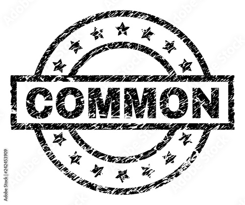 COMMON stamp seal watermark with distress style. Designed with rectangle, circles and stars. Black vector rubber print of COMMON title with unclean texture.