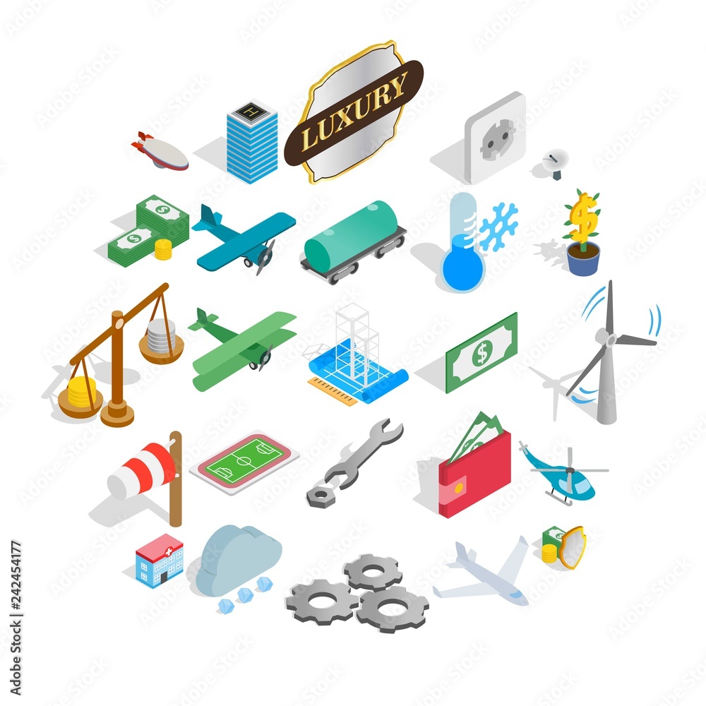 Airplane icons set. Isometric set of 25 airplane vector icons for web isolated on white background Airplane icons set. Isometric set of 25 airplane vector icons for web isolated on white background