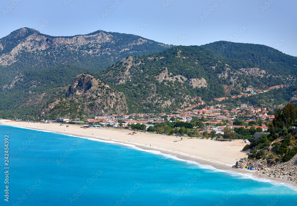 Landscape from Kumburnu or Belcekiz Beach in Fethiye. Paragliding on Oludeniz or Olu Deniz Beach from Babadag, Turkey