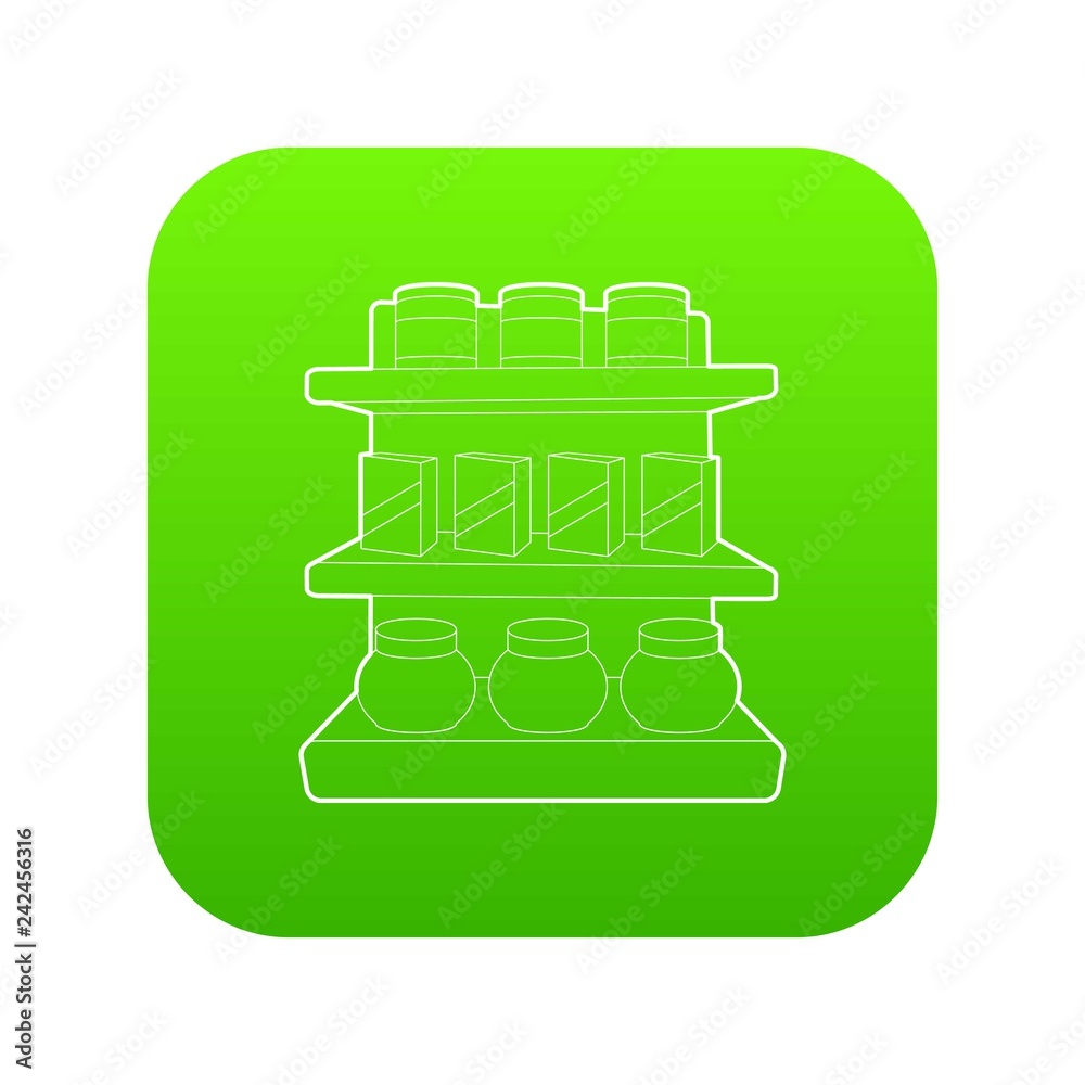 Shop shelves icon green vector isolated on white background Shop shelves icon green vector isolated on white background