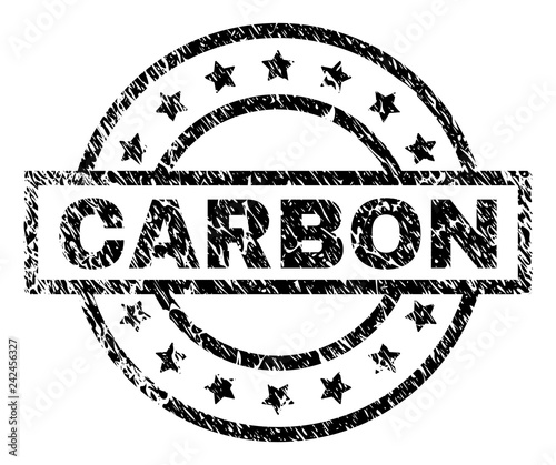 CARBON stamp seal watermark with distress style. Designed with rectangle, circles and stars. Black vector rubber print of CARBON title with unclean texture.