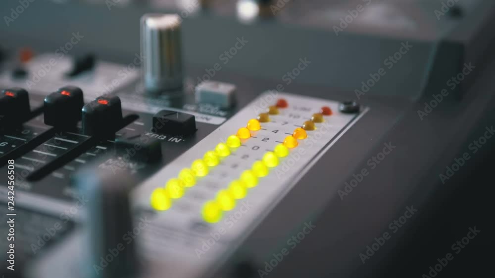 LED Indicator Level Signal on the Sound Mixing Console. Led light