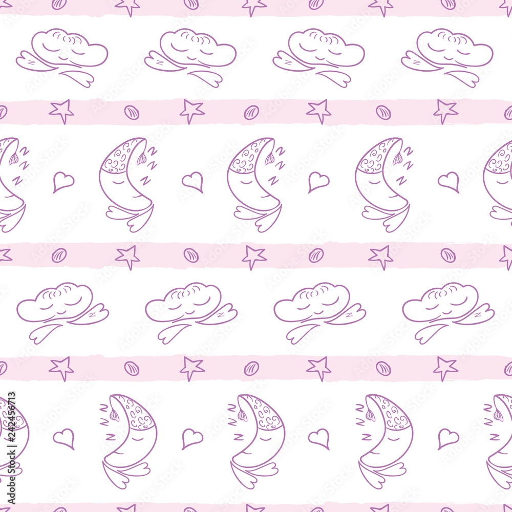 Vector stripes and moons, clouds, hearts and stars seamless pattern background in purple, pink and white colors. Cute childish style doodle elements. Good for fabric, pajamas, bedding.