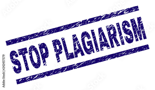 STOP PLAGIARISM seal print with scratced style. Blue vector rubber print of STOP PLAGIARISM caption with retro texture. Text caption is placed between parallel lines.