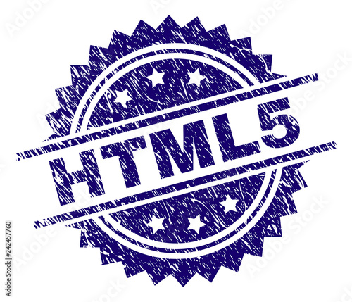 HTML5 stamp seal watermark with distress style. Blue vector rubber print of HTML5 title with scratched texture.
