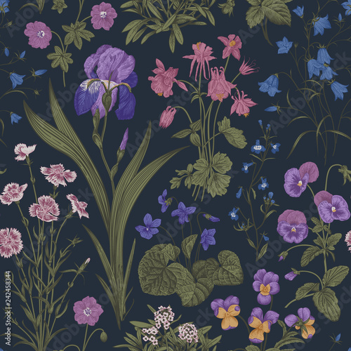 Seamless floral pattern. Twilight garden. Vector vintage botanical illustration. Magic colors