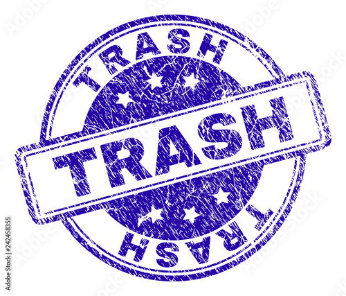 TRASH stamp seal imprint with distress texture. Designed with rounded rectangles and circles. Blue vector rubber print of TRASH label with dust texture.